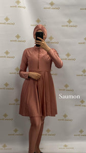 Burkini 3 pieces  avec zip saumon abaya hijeb hijab tunique jilbeb mode modeste fashion qalam dress boutique musulmane femme voilées hijab france robe abaya blanche