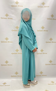 Abaya + khimar a enfiler petite fille aid ensemble de priere soie de medine rose saumon bleu turquoise qalam dress