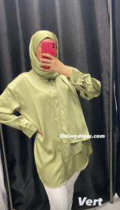 chemise satiné avec hijab intégré jilbeb tunique pantalon palazo abaya robe de priere  chez qalam dress boutique femme musulmane
