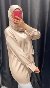 chemise satiné avec hijab intégré jilbeb tunique pantalon palazo abaya robe de priere  chez qalam dress boutique femme musulmane