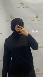 Sous pull avec bonnet integrer sous hijab noir viscose abaya hijeb hijab tunique jilbeb mode modeste fashion qalam dress boutique musulmane femme voilées hijab france robe abaya blanche