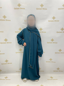 Abaya petite fille voile integrer jazz coutures doré bleu canard boutique femmes musulmanes mode modeste hijab tendance 