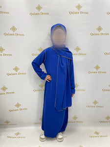 Abaya petite fille voile integrer coutures doré jazz bleu éléctrique 