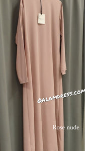 Robe abaya tissu de haute qualite avec ceinture rose nude beige champagne mode modeste mastour qalam dress boutique