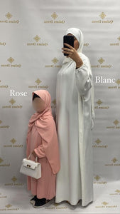 Abaya soie de médine avec hijab integrer pour fille enfant abaya hijeb hijab tunique jilbeb mode modeste fashion qalam dress boutique musulmane femme voilées hijab france robe abaya blanche