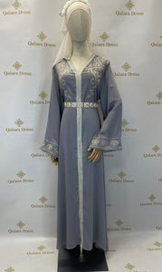 caftan style soie brode coutures evase long large bleu gris noir boutique femmes musulmanes mode modest
