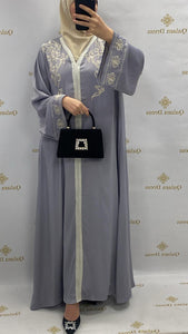 Caftan selma type soie brodé bleu gris coutures robes événements boutique femmes musulmanes mode modest tendance hijab Noir 