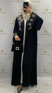 Caftan selma type soie brodé coutures bleu gris noir événements aid ramadan boutique femmes musulmanes tendance hijab mode modest 
