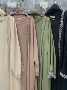 Ensemble nour kimono sous robe ceinture et voile rose saumon noir beige evenement henna mariage aid qalam dress boutique vetements modeste 