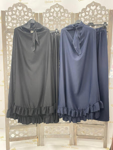 Jilbeb jupe khimar soie de medine details khimar volants bleu nuit noir tenue de priere boutique femmes musulmanes  