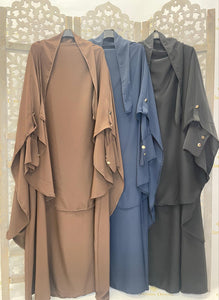 Jilbeb ensemble Khimar abaya tenue de prière mastour bouton dore long boutique femme musulmane 