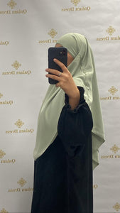 khimar soie de médine court vert d'eau abaya hijeb hijab tunique jilbeb mode modeste fashion qalam dress boutique musulmane femme voilées hijab france robe abaya blanche