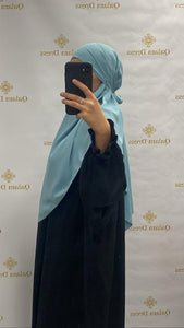 Khimar soie de médine court turquoise musulmane abaya hijeb hijab tunique jilbeb mode modeste fashion qalam dress boutique musulmane femme voilées hijab france robe abaya blanche