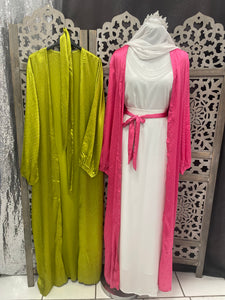 Kimono classy strass tendance hijab soie de médine pailleté mastour style dubai rose vert pomme ceinture boutique femmes musulmanes modeste 