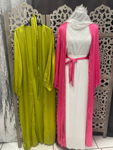 Kimono classy strass tendance hijab soie de médine pailleté mastour style dubai rose vert pomme ceinture boutique femmes musulmanes 