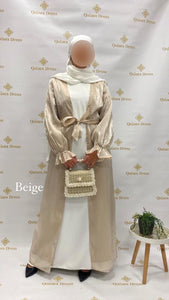 Kimono Luxury Shiny satiné beige ceintré abaya hijeb hijab tunique jilbeb mode modeste fashion qalam dress boutique musulmane femme voilées hijab france robe abaya blanche