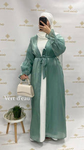 Kimono Luxury Shiny satiné beige ceintré abaya hijeb hijab tunique jilbeb mode modeste fashion qalam dress boutique musulmane femme voilées hijab france robe abaya blanche