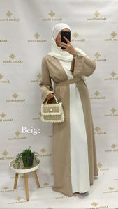 Kimono Amira beige strasse avec une ceinture mode modeste qalam dress boutique 