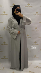 kimono amira élégant long manches longues strass gris mastour mastoura modest fashion abaya hijeb hijab tunique jilbeb mode modeste fashion qalam dress boutique musulmane femme voilées hijab france robe abaya blanche