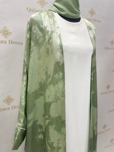 Kimono farasha imprimer en vert tissu fluide leger vert qalam dress boutique sous robe blanche tendance hijab 