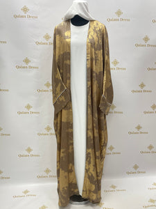 Kimono farasha imprimer taches marron tissu fluide leger tendance hijab fashion qalam dress