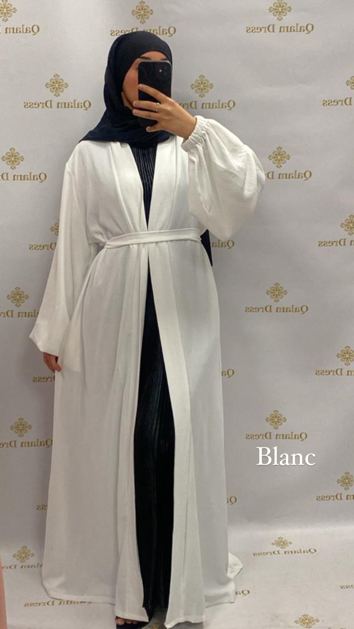 Kimono jazz long manches bouffantes large mastour mastoura modest fashion abaya hijeb hijab tunique jilbeb mode modeste fashion qalam dress boutique musulmane femme voilées hijab france robe abaya blanche