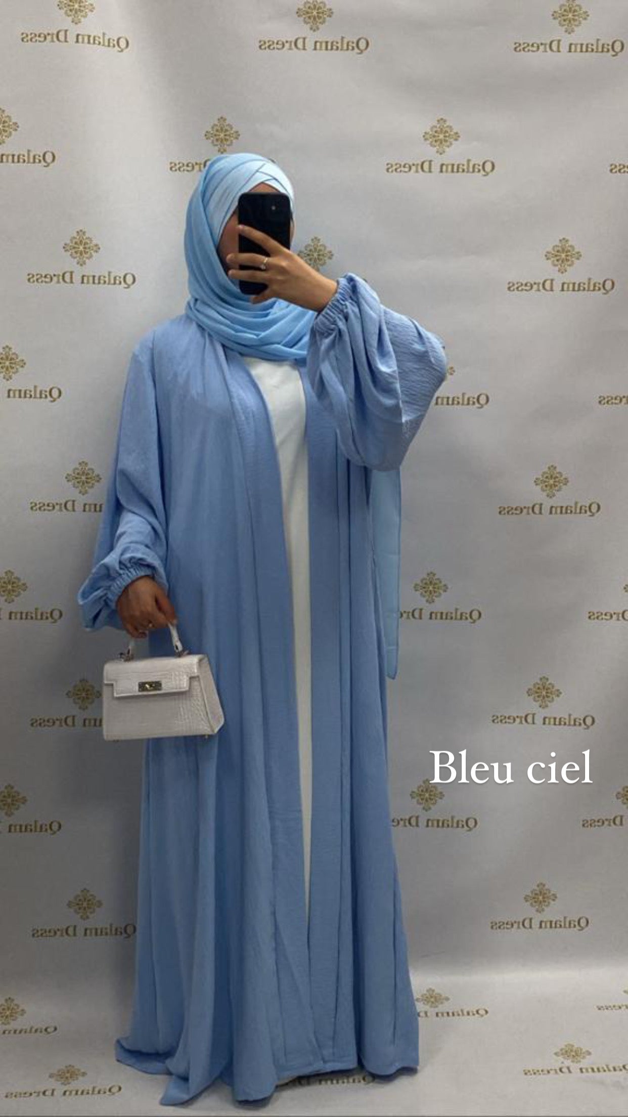 Kimono jazz long manches bouffantes large mastour mastoura modest fashion abaya hijeb hijab tunique jilbeb mode modeste fashion qalam dress boutique musulmane femme voilées hijab france robe abaya blanche
