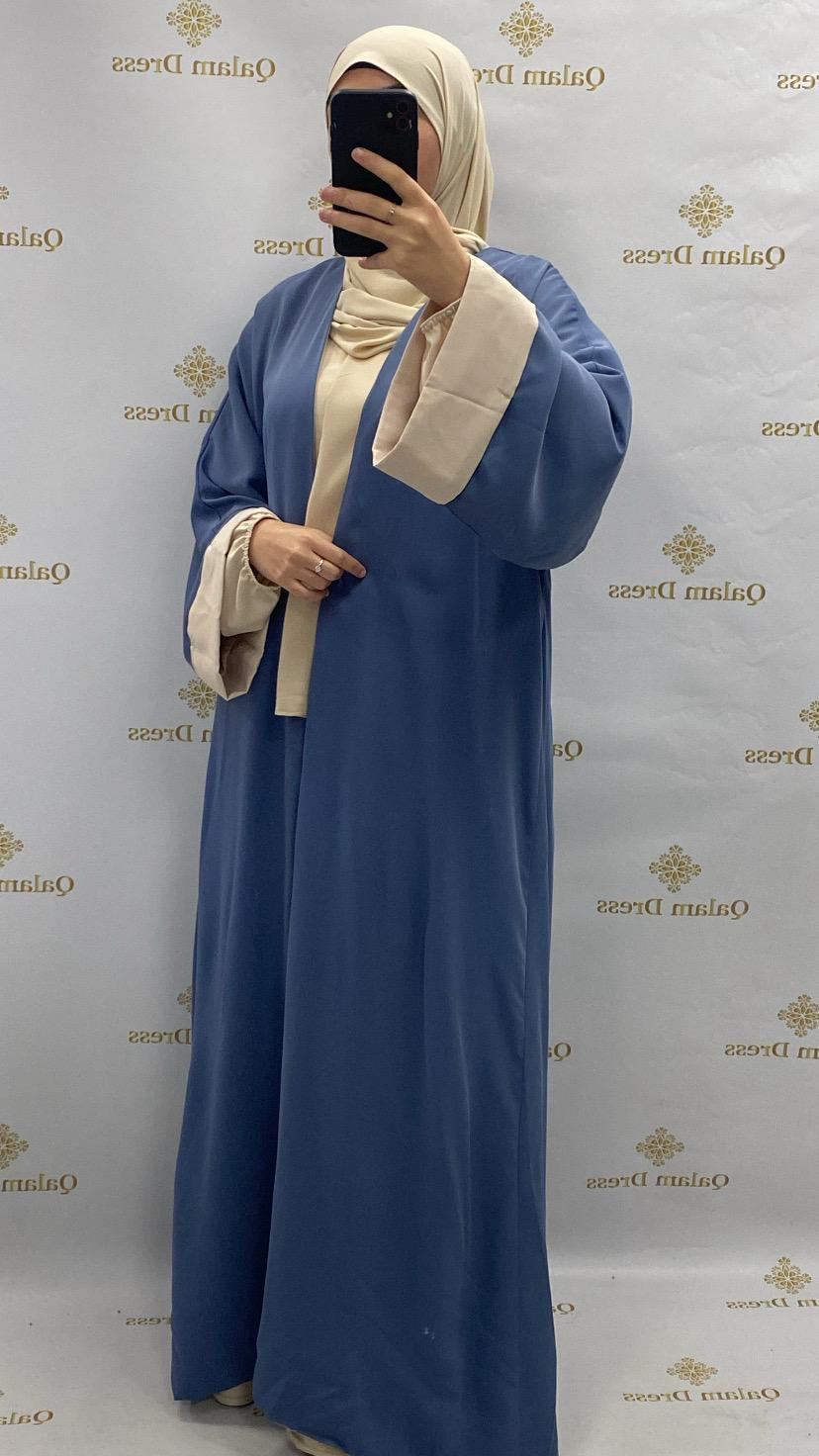 Kimono mira bicolore long tissu type soie de medine details manches bleu beige mode modest boutique femmes musulmanes