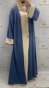 Kimono mira bicolore long tissu type soie de medine details manches bleu beige mode modest boutique femmes musulmanes 