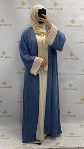 Kimono mira bicolore long tissu type soie de medine details manches bleu beige mode modest boutique femmes musulmanes