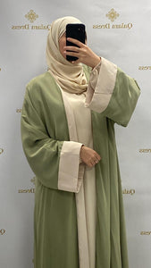 Kimono mira bicolore long tissu type soie de medine details evenements aid manches kaki beige mode modest 
