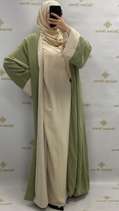 Kimono mira bicolore long tissu type soie de medine details manches kaki beige mode modest boutique femmes musulmanes evenements style aid 