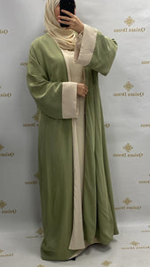 Kimono mira bicolore long tissu type soie de medine details manches kaki beige mode modest boutique femmes musulmanes evenements aid 