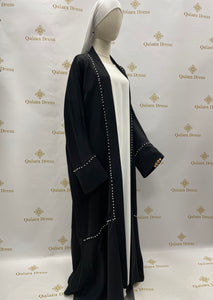 Kimono noir perlee luxe Dubaï tissu haute qualite avec volants mode modest fashion qalam dress boutique creteil