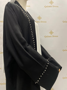 Kimono perlee luxe Dubaï tissu qualite noir volants mode modest fashion qalam dress boutique 