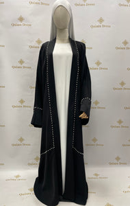 Kimono perlee luxe Dubaï tissu qualite noir volants mode modest fashion qalam dress boutique 