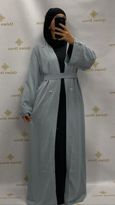 Kimono avec  ceinture strass amira bleu gris tendance hijab mode modeste mastour evenement ramadan aid 