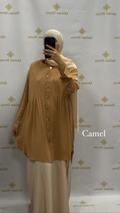 Tunique soie de Médine boutons doré abaya hijeb hijab tunique jilbeb mode modeste fashion qalam dress boutique musulmane femme voilées hijab france robe abaya blanche