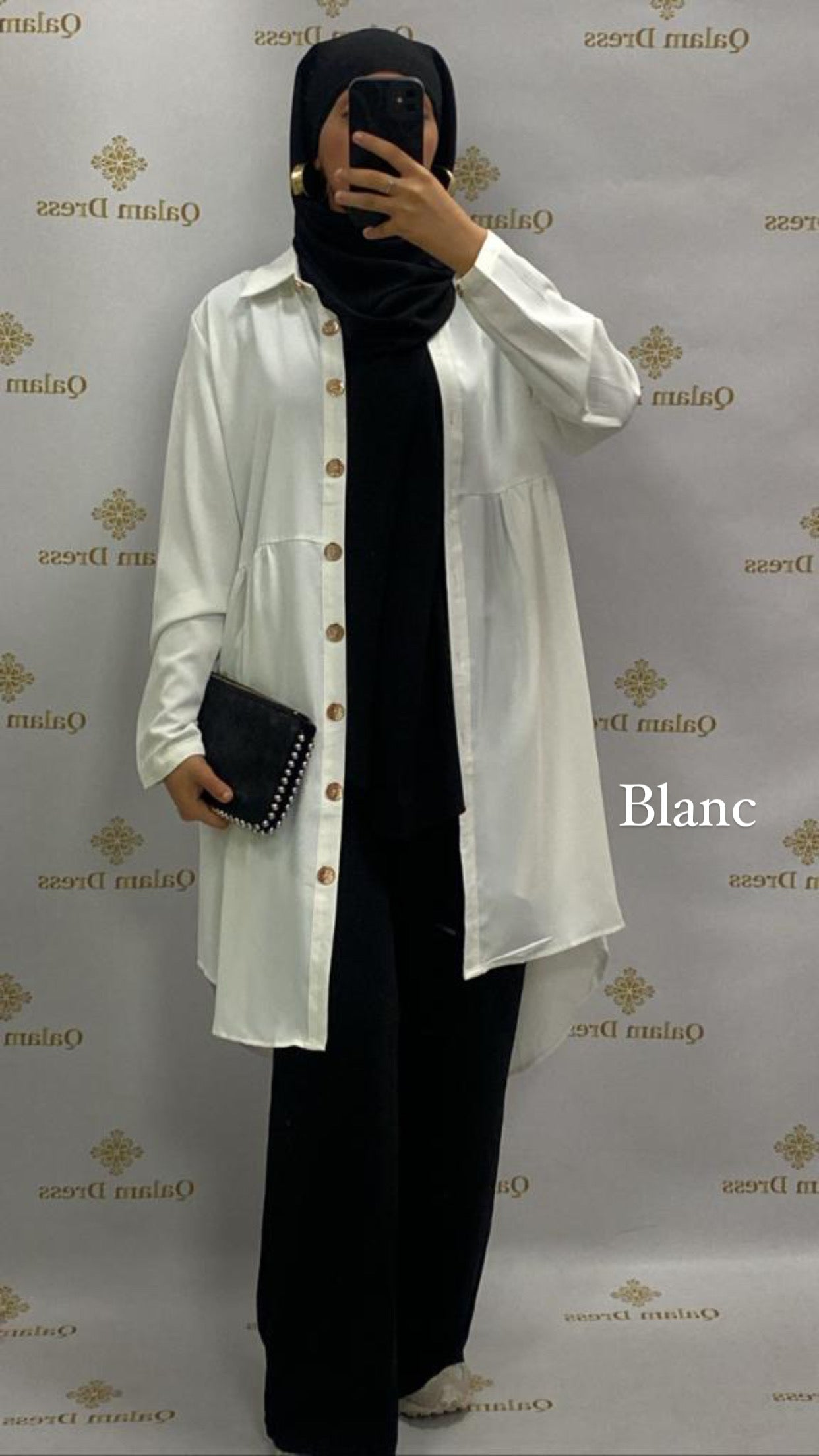 Maxi tunique longue mastoura soie de medine bouton doré large mastour mastoura modest fashion abaya hijeb hijab tunique jilbeb mode modeste fashion qalam dress boutique musulmane femme voilées hijab france robe abaya blanche