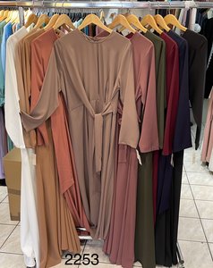 New Abaya évasée à Nouer soie de medine 2253 taupe rose ou kaki tendance hijab mode modeste boutique de femmes musulmanes 