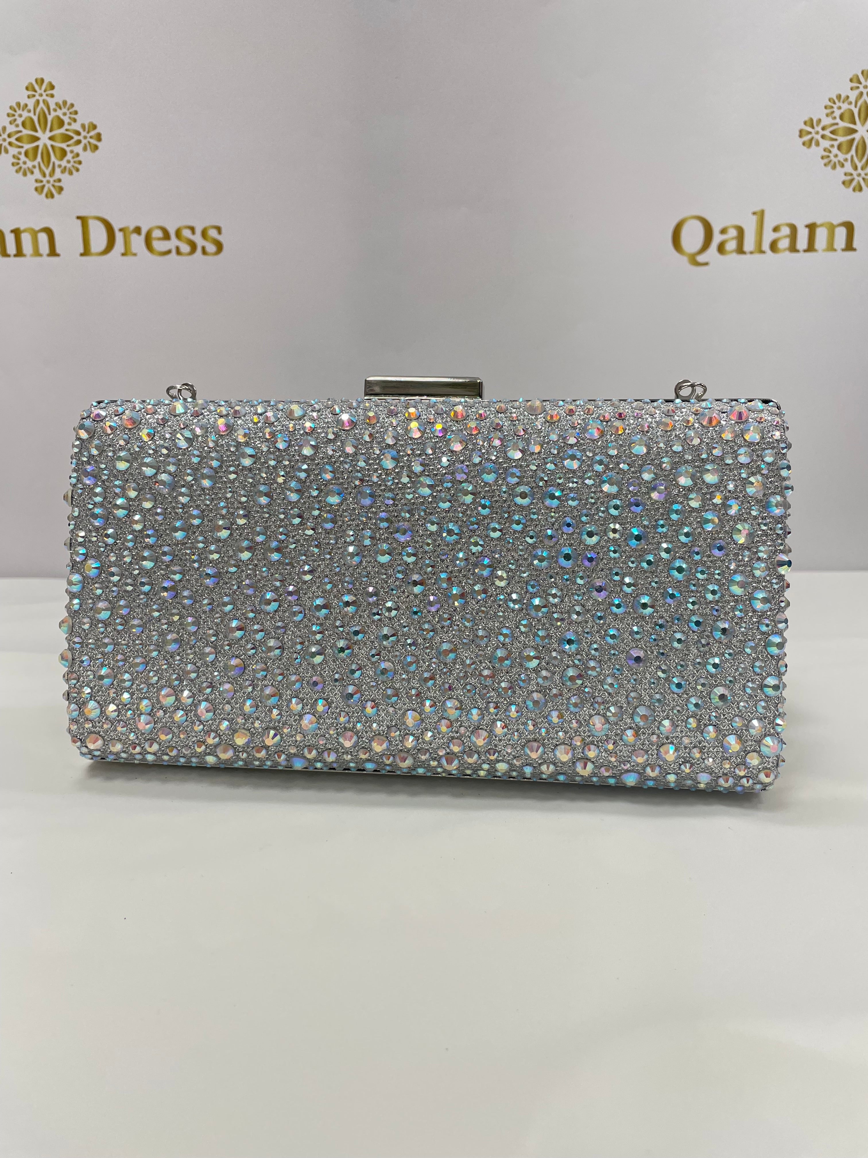 Pochette de soiree Anna argent ou champagne nacree ou noir petit strass bandouliere evenement fetes occasions qalam dress boutique  