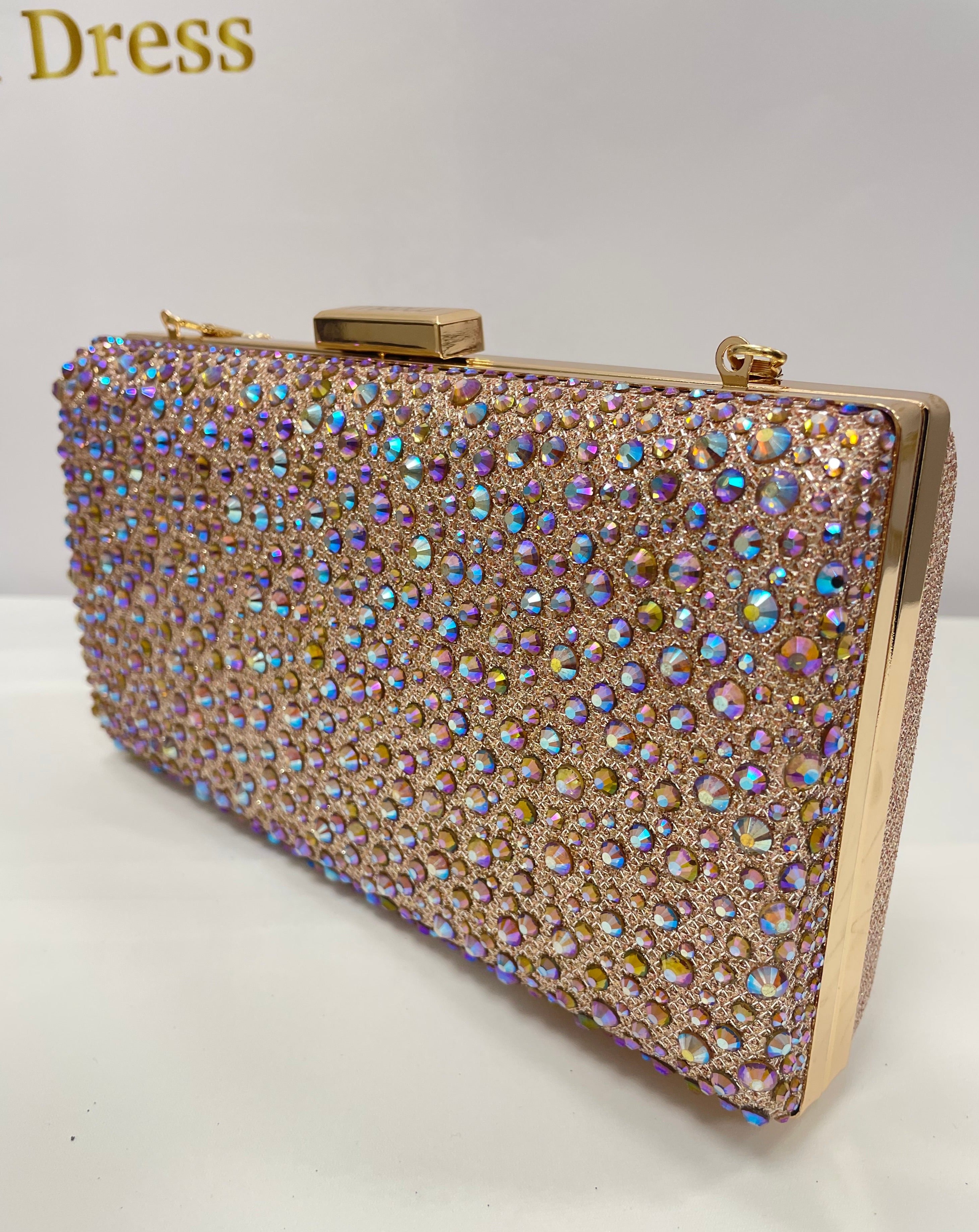 Pochette de soiree Anna champagne nacree strass bandouliere Qalam dress boutique 