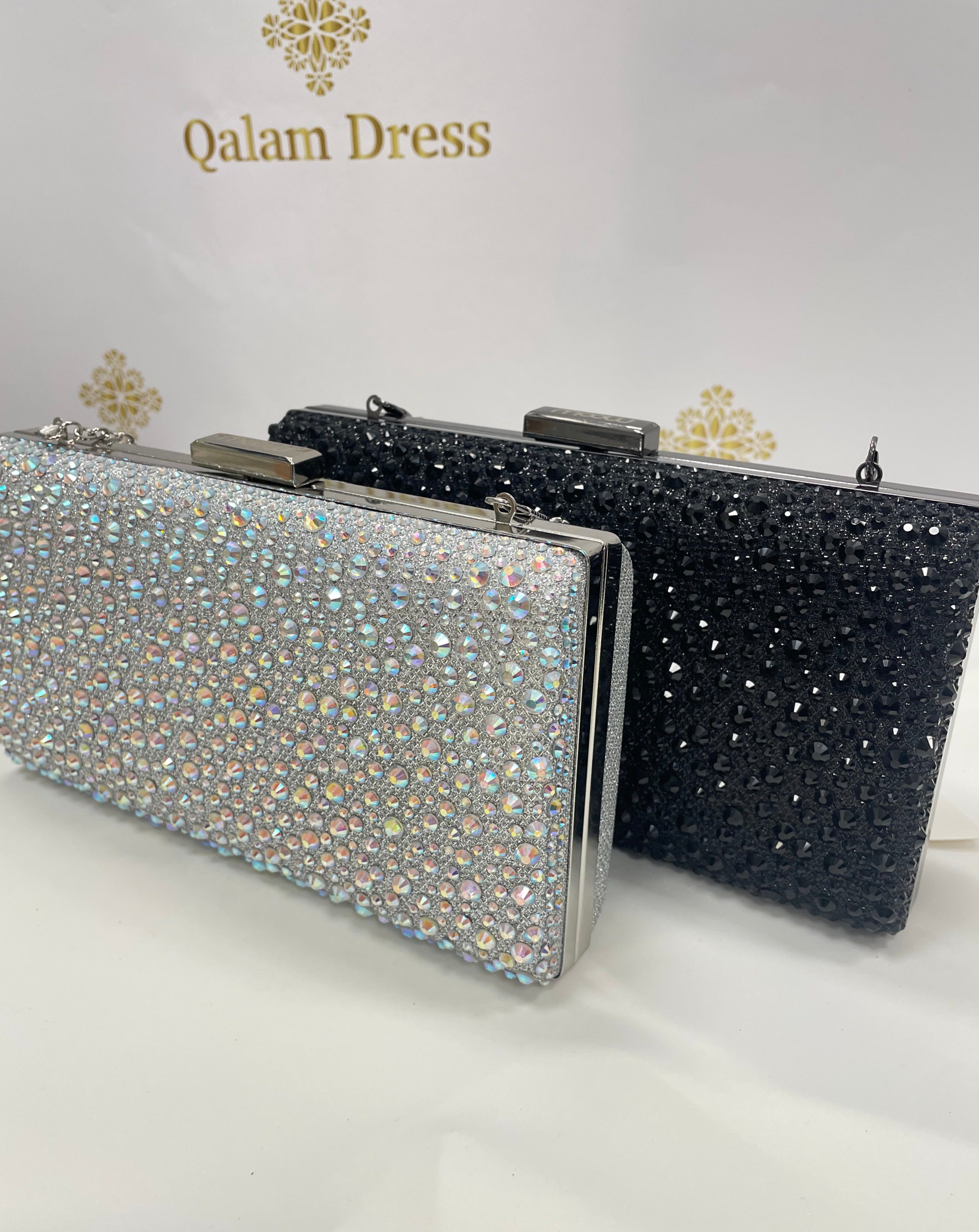 Pochette de soiree Anna noir argent champagne nacree strass bandouliere 