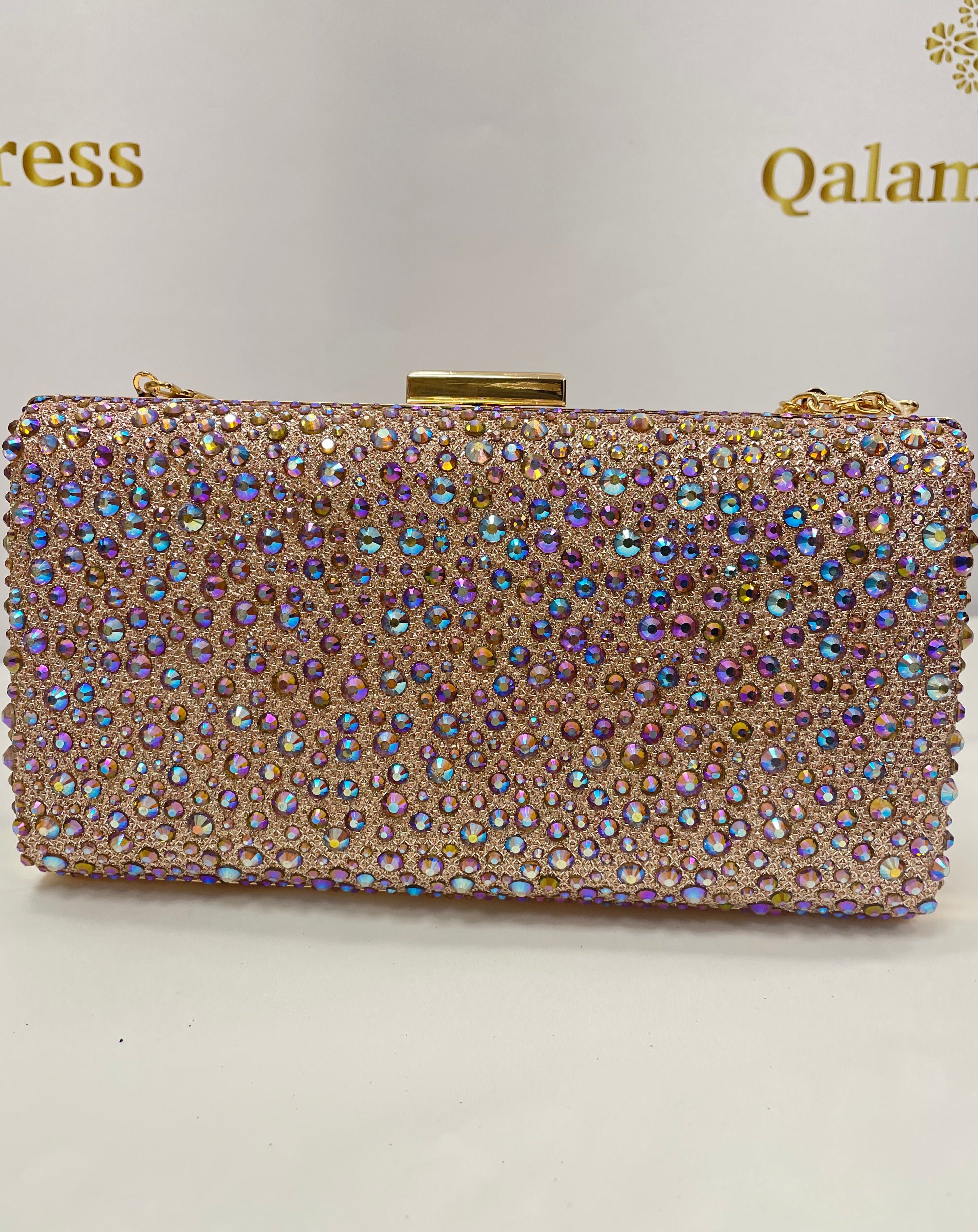 Pochette de soiree Anna champagne nacree strass bandouliere qalam dress boutique 