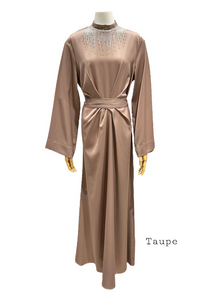 Mairie robe voile satin bijou strass taupe colorie mariage boutique femmes musulmanes 