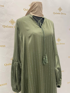 Robe Abaya pailleté salwa manches ballon paillettes scintillantes et de détails en strass vert kaki bleu noir beige rose evenement 