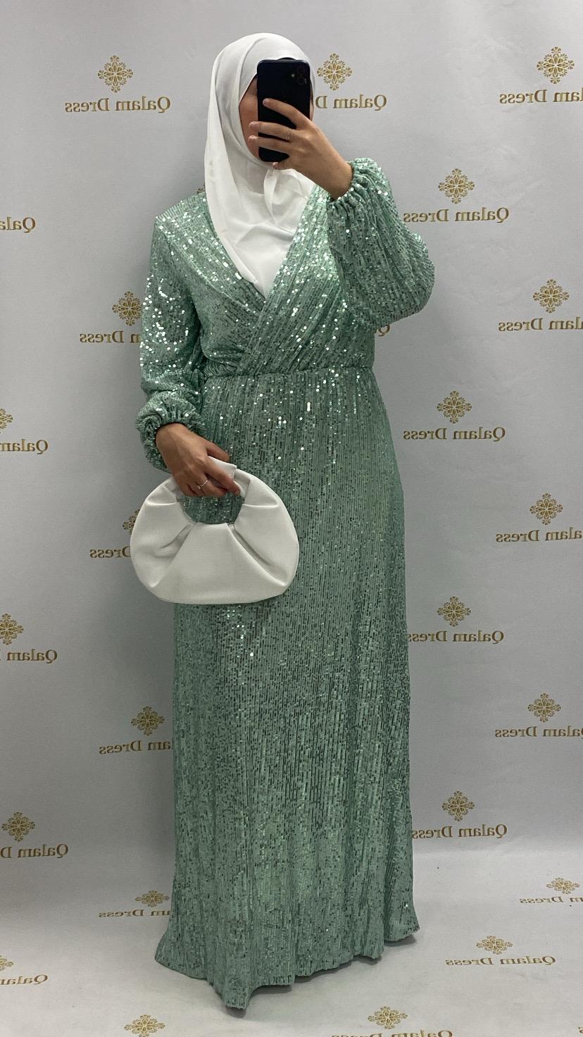 Robe Zahara pailleté sequins col cache coeur soirée mariage soir mariage abaya hijeb hijab tunique jilbeb mode modeste fashion qalam dress boutique musulmane femme voilées hijab france robe abaya blanche