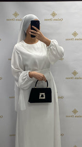 Robe perles sofya blanche tissu satiné opaque élégance sous robe manches bouffantes look événements style tendance hijab boutique femmes musulmanes  