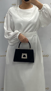 Robe perles sofya blanche tissu satiné opaque élégance sous robe manches bouffantes look événements style tendance hijab boutique femmes musulmanes