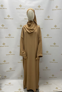 abaya de priere avec hijab integrer en jazz avec fil dore beige fonce mode modeste tendance hijab boutique de femmes musulmanes 